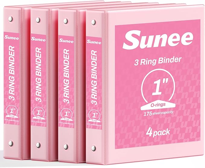 SUNEE 3 Ring Binder 1 Inch 4 Pack, Clear View 1" Binders Three Ring PVC-Free (Fit 8.5x11 Inches) for School or Office Supplies, Pink