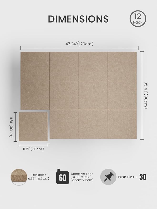 Bumusty 48" x 36" Large Cork Board Alternative, Taupe | 12-Pack Felt Bulletin Board Tiles, 60 Adhesive Tabs, 30 Pushpins, Home, Office, Classroom, Vision Board