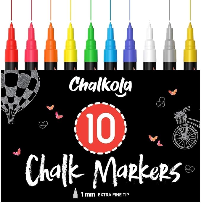 10 Extra Fine Tip Liquid Chalk Markers - 1mm, Chalk Pens with Gold & Silver | Erasable Dry Erase Marker Pens for Blackboard, Windows, Chalkboard Markers, Bistro, Restaurants - Thin Point Chalk Pens Set