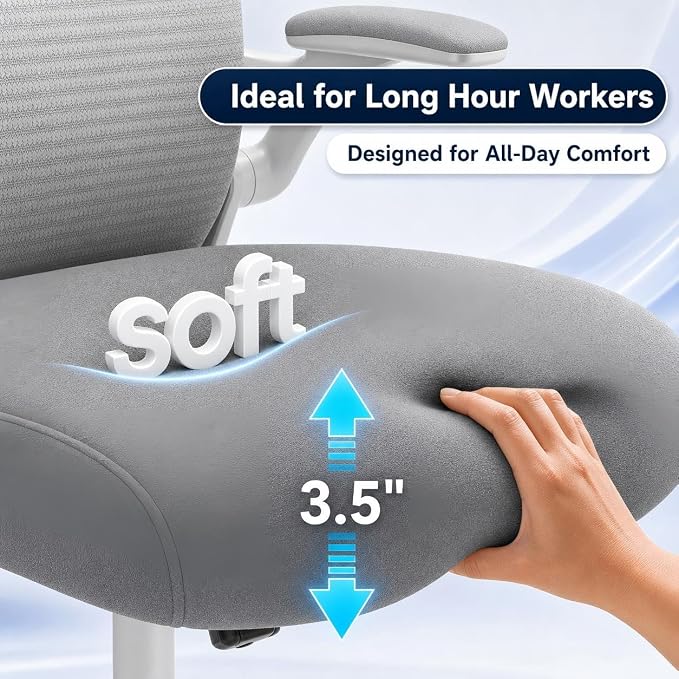 Ergonomic Office Chair for Long Hours – Back & Neck Pain Relief, Virgin Foam Seat, 3D Adjustable Headrest, 2D Lumbar, Flip-Up Arms, Gray/Sliver
