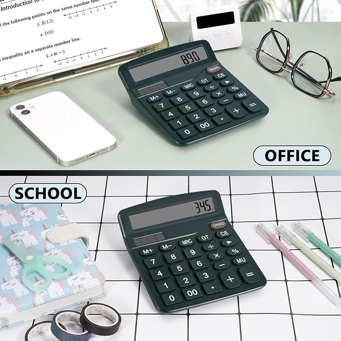 Dark Green Desktop Calculator with Big Buttons, Dual Power Source, Solar and Battery, Large Display Screen - Perfect for Office, Teachers, and Students (Dark Green)