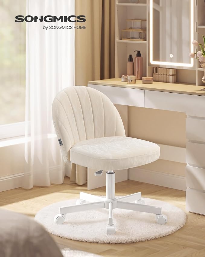 SONGMICS Office Chair, Swivel Makeup Vanity Desk Chair, Height Adjustable, Foam Padded, for Home Office, Bedroom, Dressing Room, Unique PU Leather, Cream White UOBG027W101