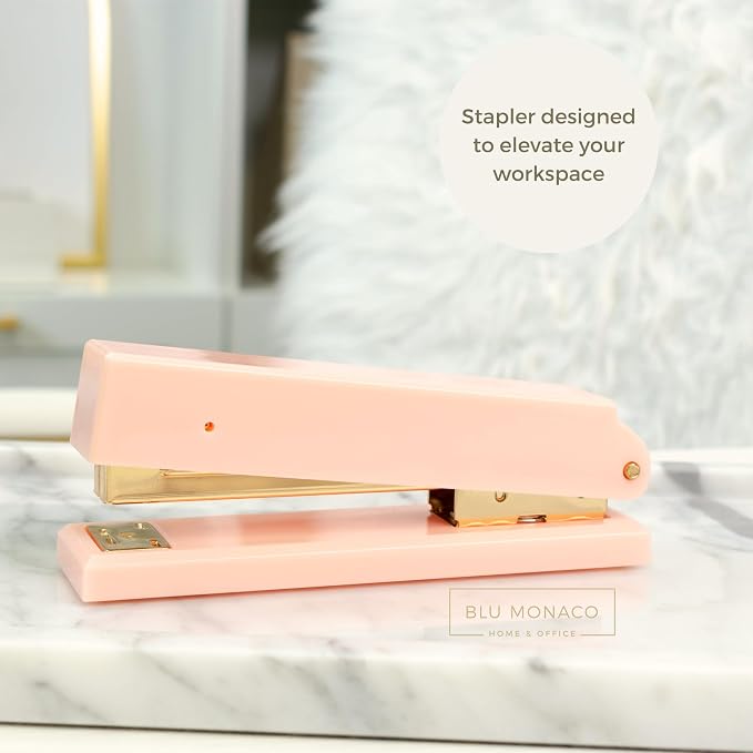 BLU MONACO Pink Stapler | Cute Stylish Desk Stapler with Smooth Metal Mechanism | Aesthetic Office Stapler for Home School Work | Chic Pink Office Supplies | Manual Staplers for Desk