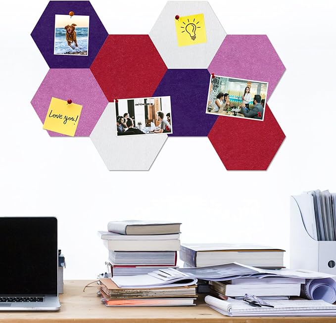 Large Hexagon Felt Cork Board Tiles, Self Adhesive DIY Felt Bulletin Board Pin Board with 35 Pushpins for Office School Home Wall Decor(Purple+Light Purple+Deep Red)