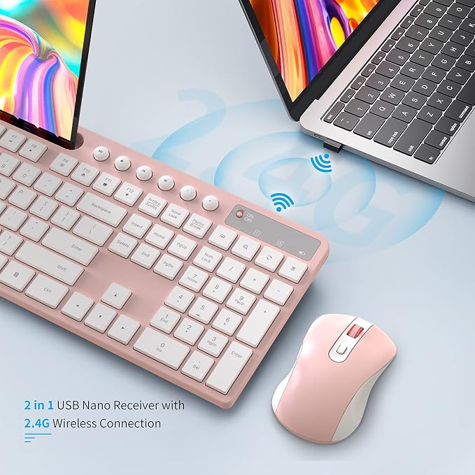 Wireless Keyboard and Mouse Combo, MARVO 2.4G Ergonomic Wireless Computer Keyboard with Phone Tablet Holder, Silent Mouse with 6 Button, Compatible with MacBook, Windows (Pink)