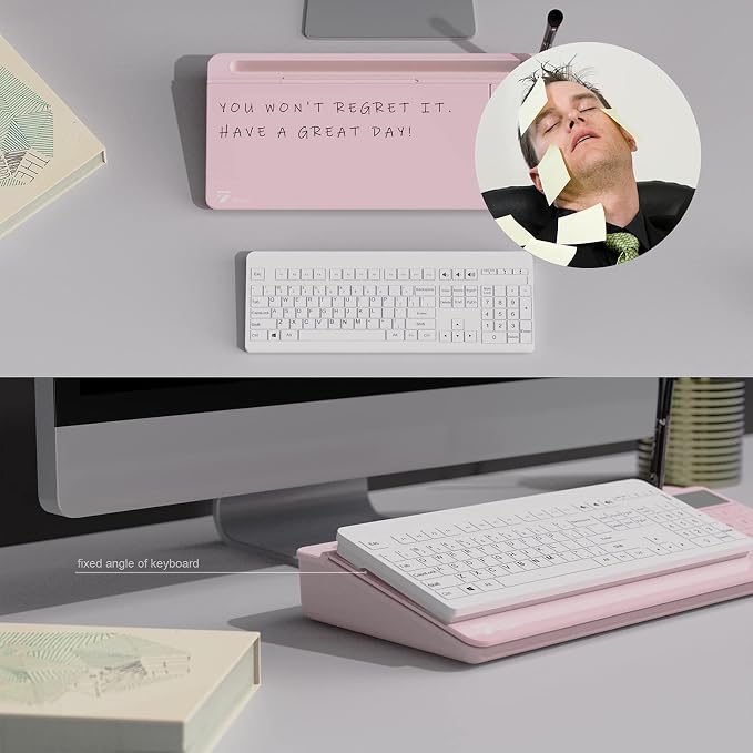 TOWON Glass Desk Whiteboard with Calculator 17x6 in, Desk Organizer, Pink | Desktop whiteboard with detachable calculator. Glass dry erase for home office. Storage and accessories included.