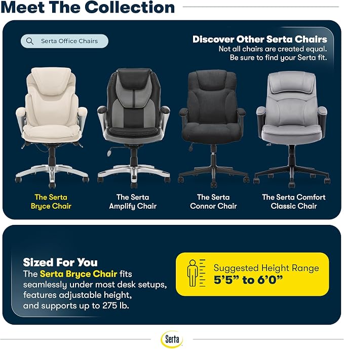 Serta Bryce Executive Office Chair - Ergonomic Computer DeskChair with Lumbar Technology - Adjustable Height - Memory Foam Body Pillows - 360° Swivel Rolling Base - Bonded Leather - Cream