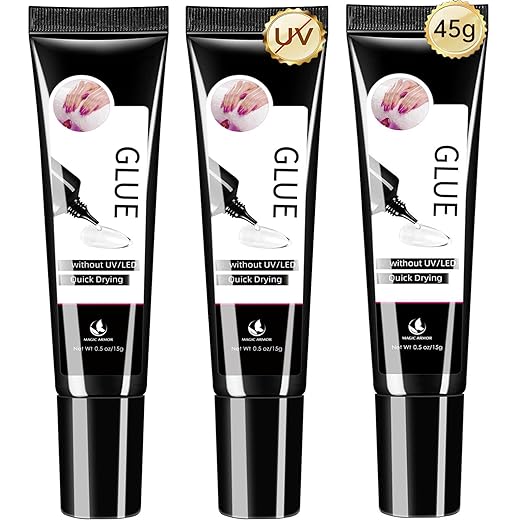 3PCS Semi Solid Nail Glue, Super Strong & Quick Drying Glue for Press On Nails, No UV Lamp Needed, Long Lasting for Acrylic & Fake Nails (15g x3)