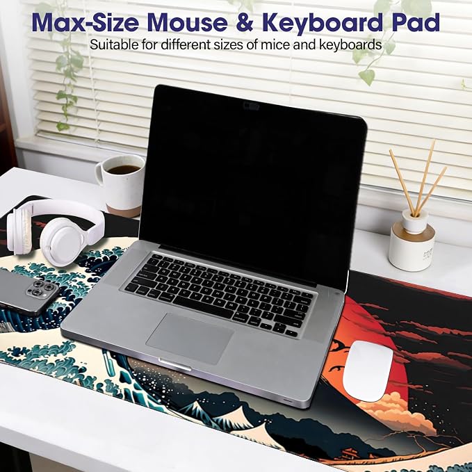 Large Extended Mouse Pad with Stitched Edges 35.4"x15.7" - Waterproof Desk Mat, Non-Slip Rubber Base for All-Desk Coverage, Perfect for Gaming Office Home, Moon Wave