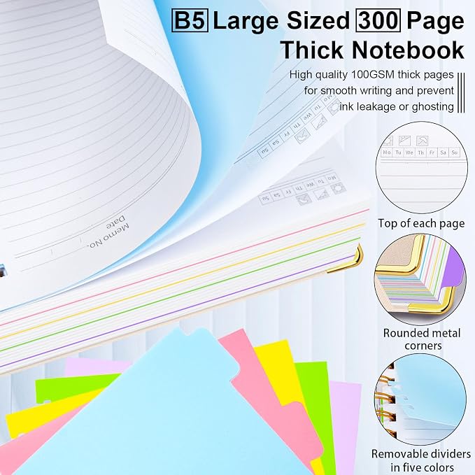 Hardcover Spiral Notebook 8"x10" Journal Notebook with Tabs and Removable Dividers 300 Pages 5 Subject Notebook College Ruled, Faux Leather Spiral Bound Notebook for Women School Work (White)