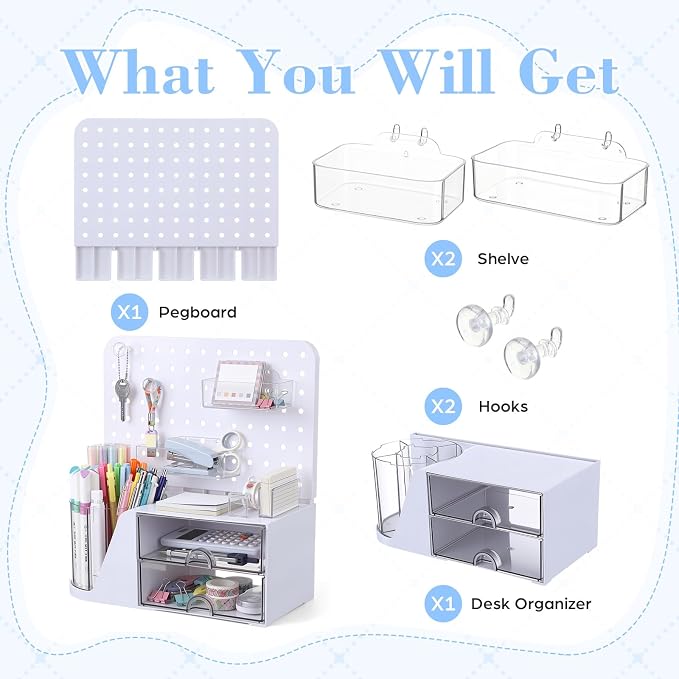 Novabright Desk Organizer with Drawers, Rotating Pen Holder with 5 Slots & Pegboard, Back to School & First Day of School Gifts, Multifunctional Desktop Storage for Desk Home Office Supplies(White)