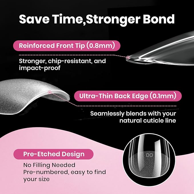 Beetles Gel Nail Tips Flat-X - Almond Coffin Short, 320pcs 16 Sizes, Pre-Etched Half Matte Full Cover Soft Acrylic Press on Easy DIY False Nail Extension Salon for Flat & Natural Nail Beds
