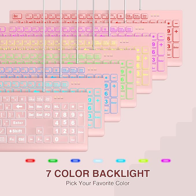 SABLUTE Large Print Backlit Keyboard, Wired USB Lighted Computer Keyboards with 7-Color & 4 Modes Backlit, Oversize Letters Keys Easy to See and Type, Quiet Keyboard Compatible for PC, Laptop -Pink