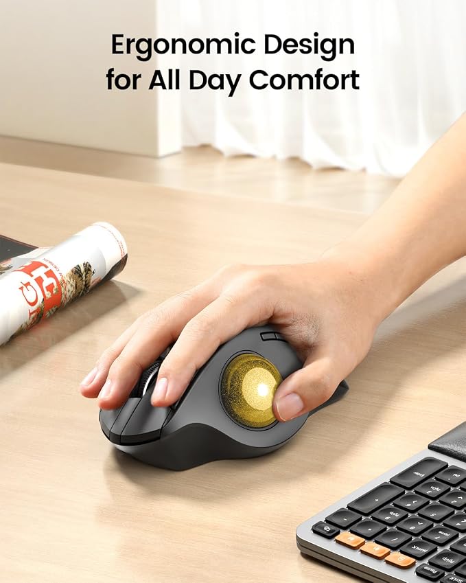 ProtoArc EM01 NL Wireless Trackball Mouse, Rechargeable Thumb Control, Gold | 0/20° Adjustable Angle to Reduce Fatigue, Triple-Device Bluetooth & 2.4G USB-A for Office Use, Silent Click, Easy to Clean