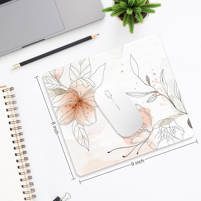 Mouse Pad, Minimalism Marble Style Computer Pad, Anti-Slip Rubber Mouse Mat with Stitched Edges for Gaming, Office, Laptop, PC, Women, 9" x 8" Thick 3 mm, Watercolor Flower
