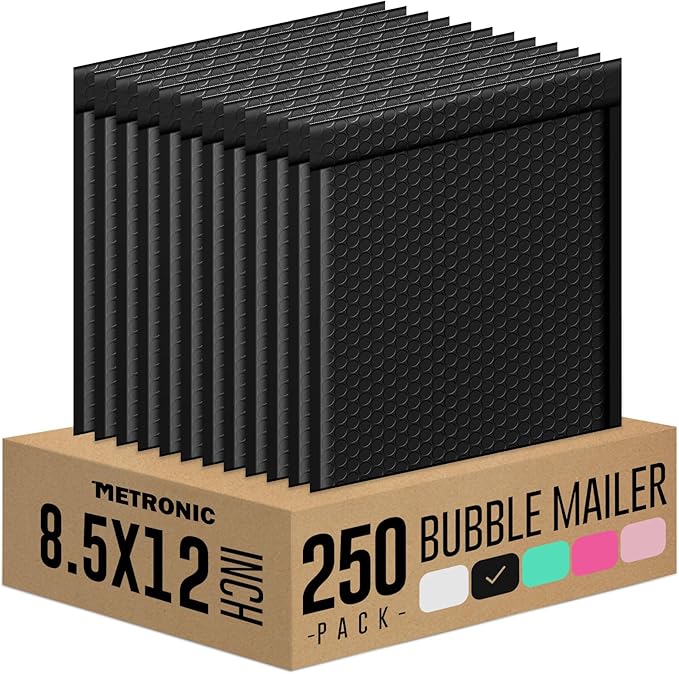 Metronic Bubble Mailers 8.5x12 250 Pack Black Bubble Mailers Waterproof Thick Padded Envelopes Mailing Envelopes Bubble Padded for Packaging, Makeup, Gift, Mailing, Shipping, Small Items Supplies