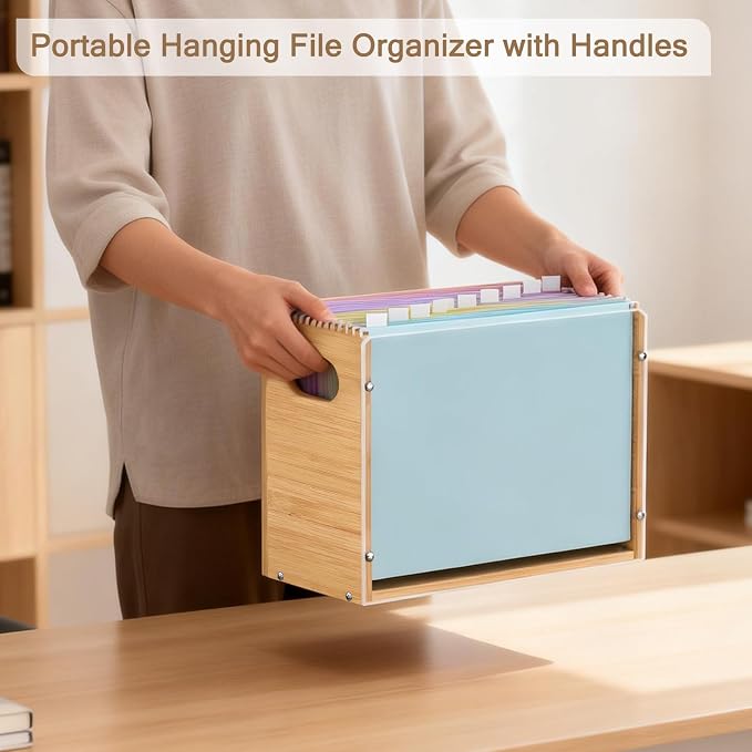 Sbanmao Acrylic Wall File Organizer, Hanging File Folder Organizer with Handle, Bamboo File Box File Crate Storage Box, Portable Filing Organizer for Home Office Classroom (Letter Size, 2 Pack)