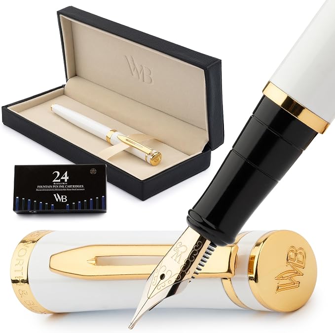 Wordsworth & Black Luxury Fountain Pen Set for Writing, Medium Nib, White | Gift for Men & Women, Brass Body, 18K German Iridium, Calligraphy, Converter + 24 Ink Cartridges, Refillable, Leak-Free