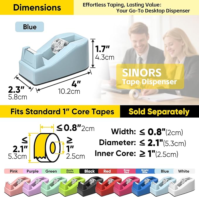 Desktop Office Tape Dispenser, Fits Standard 1-Inch Core Tapes, Weighted Base, Sharp Metal Blade, Smooth Cutting, Adhesive Roll Holder for Office, School, Shop, Home & Business - Blue
