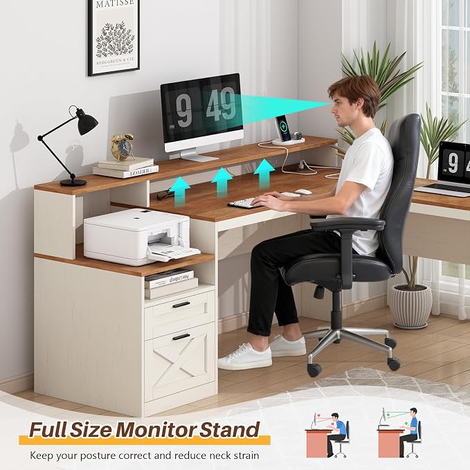 63" Farmhouse L Shaped Desk with Drawers & Storage Shelves for Home Office | Corner Desk with Outlets & LED Lights, L Shaped Office Desks with File Drawer, Printer Shelf, Monitor Stand, Antique White