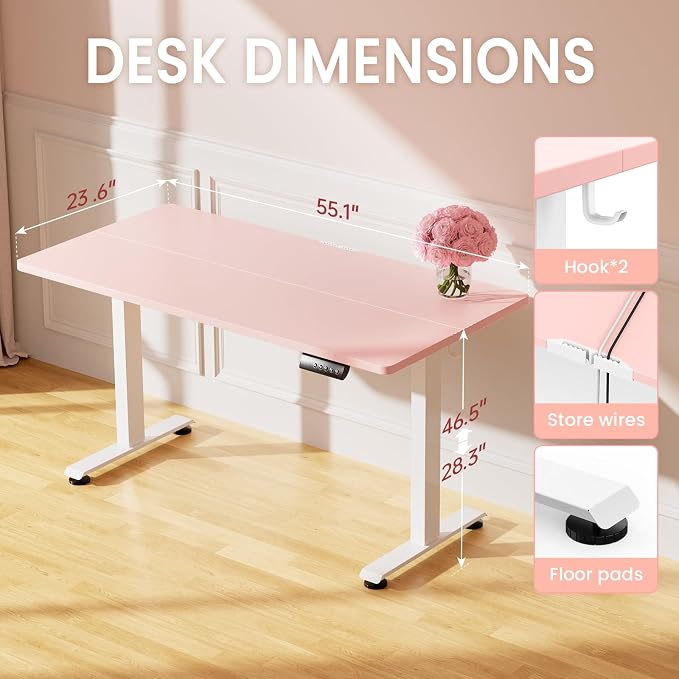Veken 55 Inch Large Electric Standing Desk, Gaming Table, Pink | Height Adjustable Sit Stand Up Computer Tables for Home Office, Study , Writing, Suit students, employees and group work