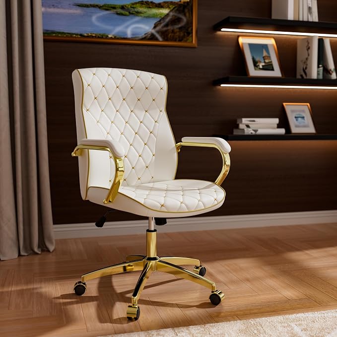 White and Gold Office Chair, Luxury Leather Executive Desk Chair | Elegant Timeless Appeal, Vintage Mid Back Styling with Wheels and Padded Arms, Thick High Density Foam Comfort