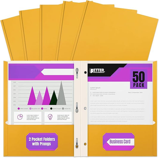Better Office Products Dark Yellow 2 Pocket Folders with Prongs, 50 Pack, Letter Size, Matte Texture, 8.5 x 11 Inch