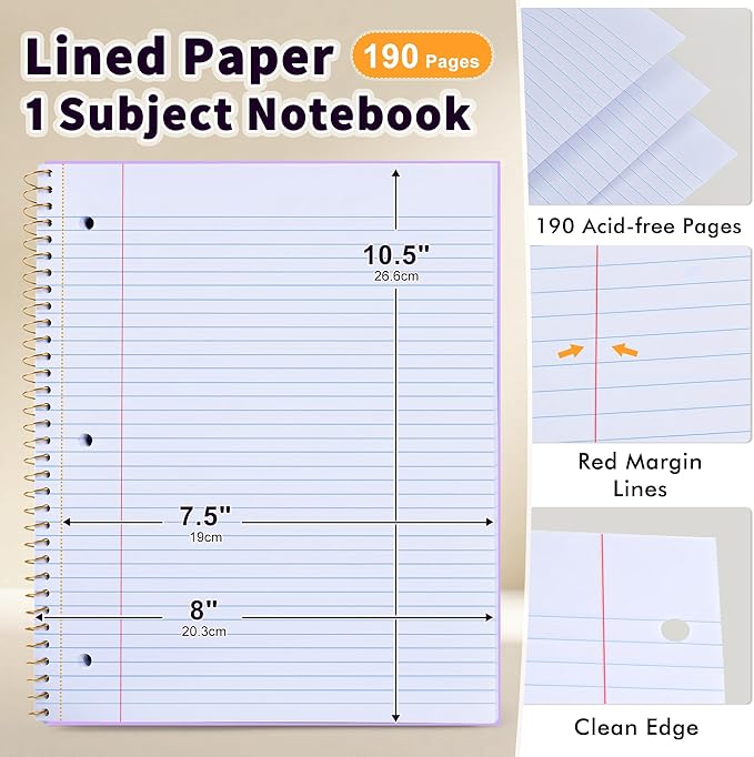 Spiral Notebook College Ruled Paper 8" x 10-1/2", 1 Subject Spiral Notebook, 3-Hole Punched Perforated Pages Ideal for School, Office, Writing, 95 Sheets Lined Journaling Notebook, Purple