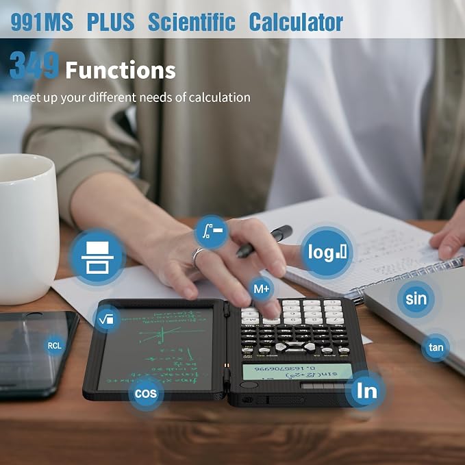 991MS 349 Functions 2-Line Display Scientific Desk Calculator with Notepad | ROATEE Scientific Calculator Back to Middle High School Supplies for Students Solar & Battery Powered, Foldable Easy to Carry