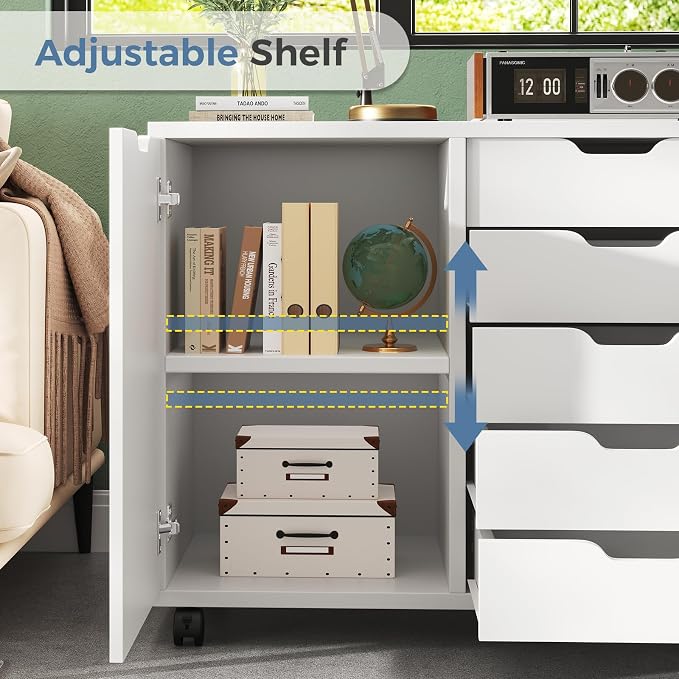 DUMOS 5-Drawer Mobile File Cabinet, Wooden Printer Stand with Storage | Under Desk Cabinets with Adjustable Shelf & Wheels for Home Office Organizer Storage Craft Room, White