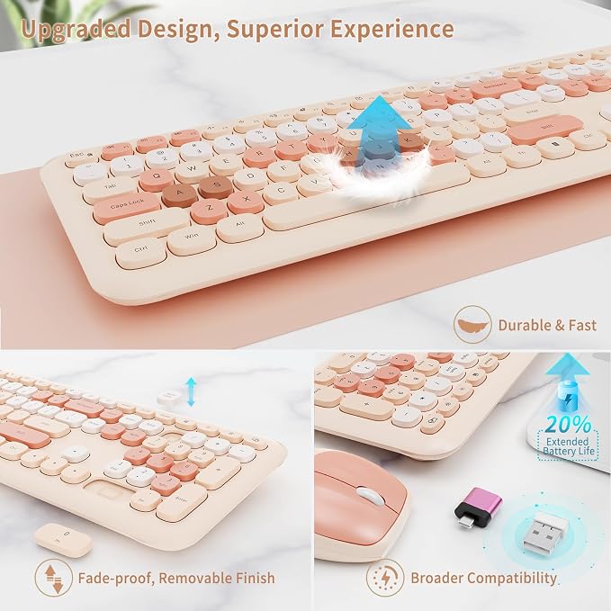 Nowlike Wireless Keyboard and Mouse Combo, Retro Typewriter Keyboard with Round Keycaps, Full-Size Ergonomic, Brown, Ideal for Windows PC, Home, Office, and College, Wireless Keyboard Mouse Combo
