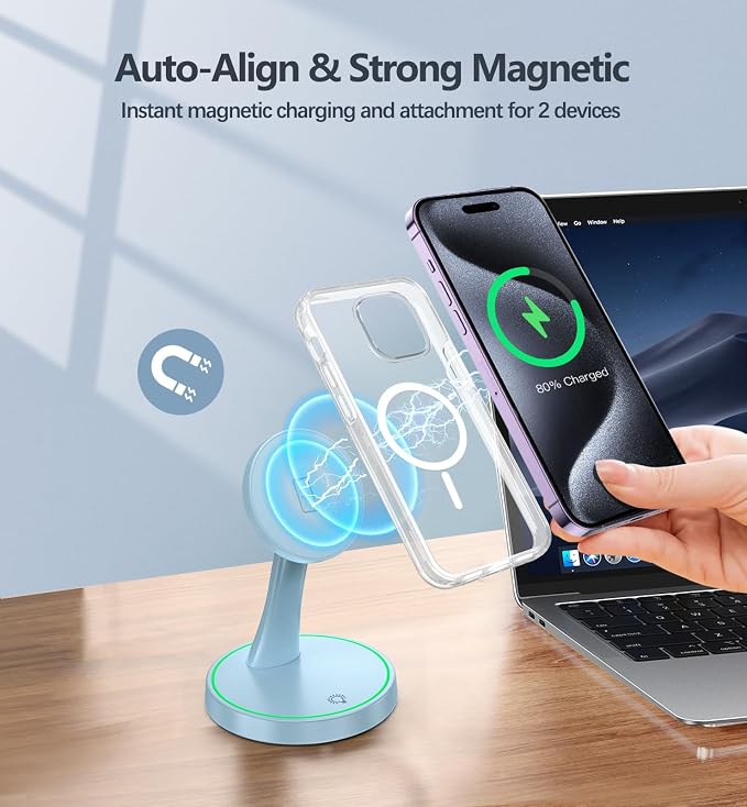 Magnetic Wireless Charger Stand 15W Fast Magnetic Charger for iPhone 17 /17 pro/ 17 Air/ 17 pro max 16/15/14/13/12 Series Magnet Wireless Charging Station/Pad with Sleep-Friendly Light for AirPods