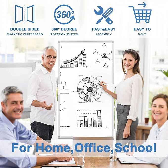 Rolling Whiteboard on Wheels 40" x 24" Aluminum Frame | Magnetic Mobile White Board, Double Sided Dry Erase Easel with Stand. Ideal for Home School, Office and Classroom