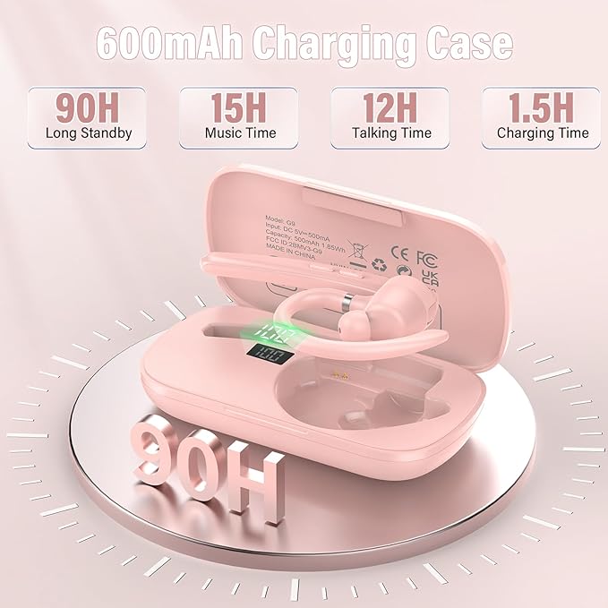 Bluetooth Headset, Wireless Bluetooth 5.3 Earpiece, 90Hrs Hands Free Headset with APTX HD Audio & Mute Button, Dual Noise Cancelling Mics, Single-Ear Headphone for Trucker/Business/Gym/Pink