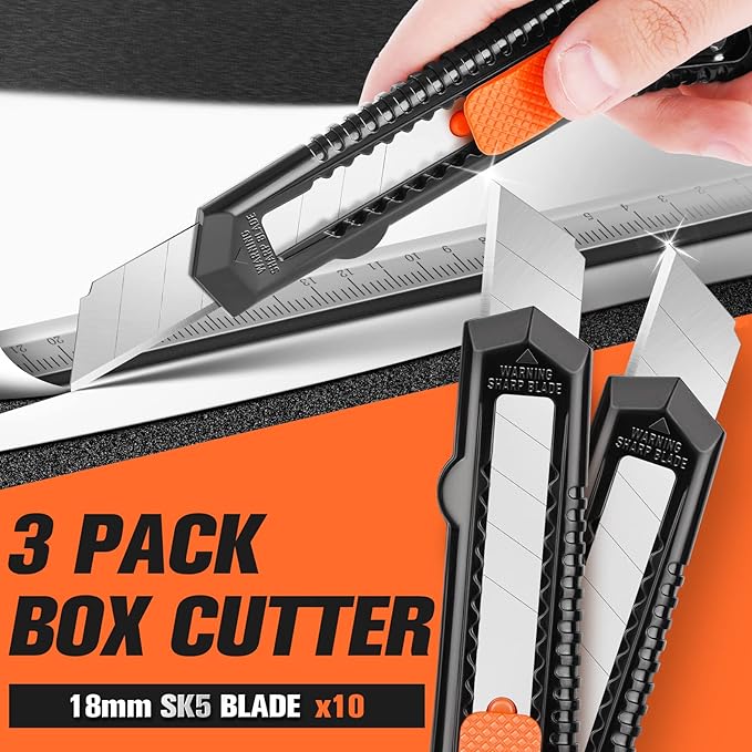 3 Pack Utility Knife Box Cutter Retractable, Compact Box Knife for Cartons, Cardboard and Boxes, with 10 Piece 18mm Wider Snap-off Blade Razor Sharp Blade, Perfect for Office and Home Use