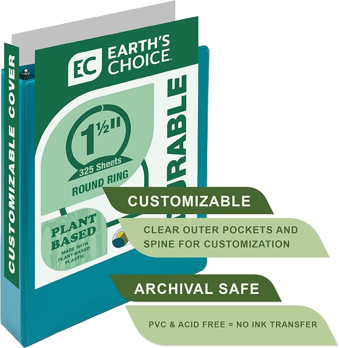 Samsill Plant-Based 1.5 Inch Durable Round Ring, View Binder, Eco-Friendly, USDA Certified Biobased, Single, Aqua Blue