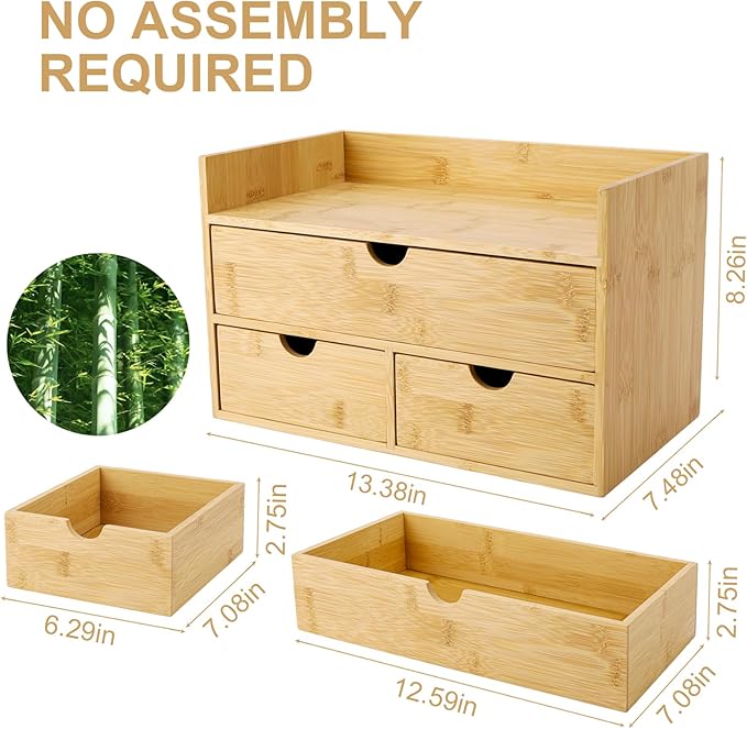 Bamboo Desk Organizer With Drawers Countertop Drawers Counter Storage Box Corner Desk Organizer for Home Office No Assembly Required (3 Drawers with shelf)
