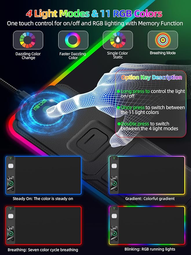 Mouse Pad with Wireless Charger Foldable Phone Holder, XXL RGB Gaming Mousepad 31.5"x15.8" Large Desk Mat for Keyboard, Black Desk Pad with Dual Qi Charging Station, 11 Colors 5 Modes