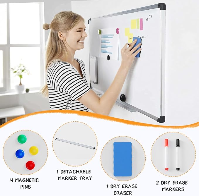 NEWBULIG White Board, 48" x 32" Magnetic Dry Erase Board for Wall with 1 Dry Eraser & 2 Multi-Color Markers & 4 Magnetic Pins, Silver Aluminum Frame for Office, Home, School