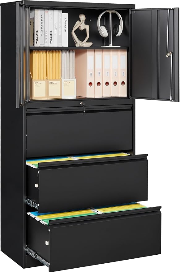 3 Drawer Lateral File Cabinet with Lock and Shelf,Black Metal Filling Cabinet with Drawers and Shelf, Locking File Storage Cabinets with Doors and Shelves for Home,Office,Garage,School