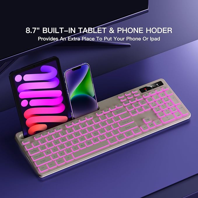 Soueto Wireless Keyboard with 7-Color RGB Backlit, Full-Size Computer Keyboard with Phone Tablet Holder, 2.4G Rechargeable Gaming Keyboard with Light Up Keys, Compatible with Mac, Windows (Latte)