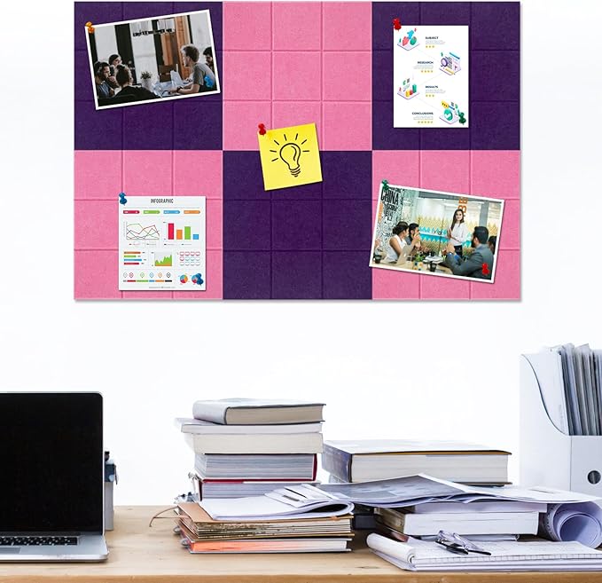 Large Square Felt Cork Board Tiles, Self Adhesive DIY Felt Bulletin Board with 35 Pushpins for Office School Home Wall Decor Stickers Memos (Purple & Pink)