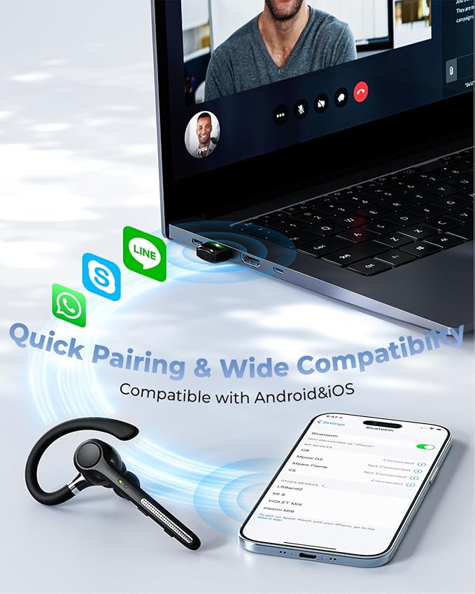 Bluetooth Headset V5.4, Bluetooth Earpiece with 500mAh Charging Case, 50H Talk Time Wireless Headset with Mic for Computer Cell Phones, Hands Free Noise Canceling Headphones for Work Trucker