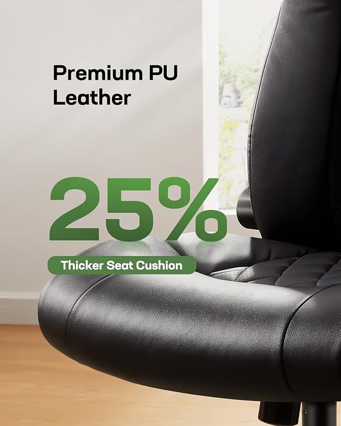 Marsail Executive Office Chair Ergonomic Desk Chair with Flip-up Armrests PU Leather Height-Adjustable Swivel Rolling Dark | 25% thicker cushion, contoured backrest, 90-120 degree recline, swivel rolling base, breathable mesh center, 300 lbs