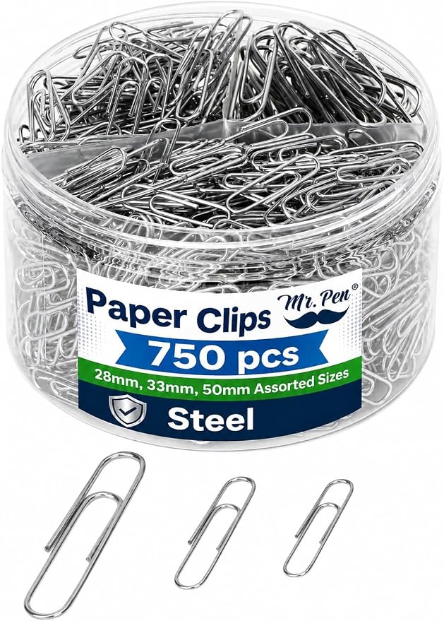 Mr. Pen- Silver Paper Clips, 750 pcs, 3 Sizes, Small, Medium and Large | Steel Paper Clips with Storage Box for Office, School, DIY, Binder Clips, Business Card Holders & Envelope Clips