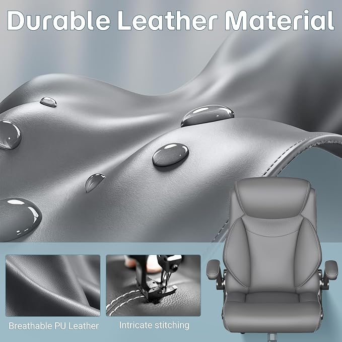 Ergonomic Office Chair, Big and Tall Office Chair, Executive Chair- Padded Leather Comfy Chair with Adjustable Lumbar Support & Flip-Up Arms, Rocking Swivel Chair for Home Office,Gray