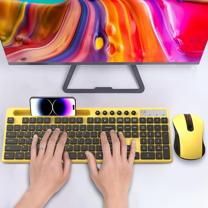 Wireless Keyboard and Mouse Combo, MARVO 2.4G Ergonomic Wireless Computer Keyboard with Phone Tablet Holder, Silent Mouse with 6 Button, Compatible with MacBook, Windows (Yellow)