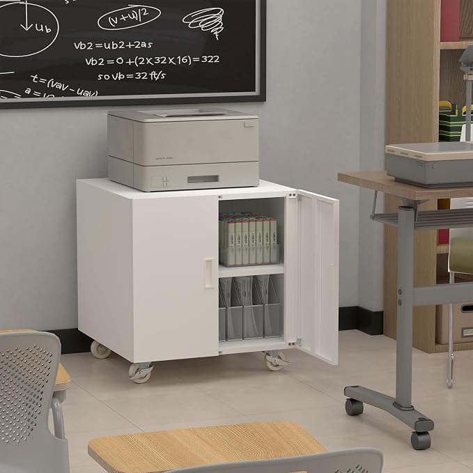 Metal Office Printer Stand, Rolling File Cabinet for Printers, Heavy-Duty Printer Stand with Adjustable Shelf, 3D Printer Table for Copier, Fax, Large File Stands for Office, Workplace, White