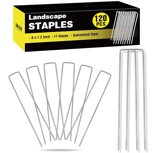 HongWay 120 Pack Landscape Staples 8 Inch, Galvanized Garden Stakes | 11 Gauge U-shaped Metal Tent Stakes Heavy Duty Ground Yard Staples for Landscaping Fabric, Fence, Irrigation Hose