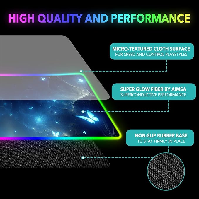 AIMSA RGB Gaming Mouse Pad XXL Large, Extended Glowing Led Light Up Cool Mouse pad Desk Pad Non-Slip Rubber Cute Mousepad Mat 35.4x15.8 Inch, Mysterious Glowing Butterfly